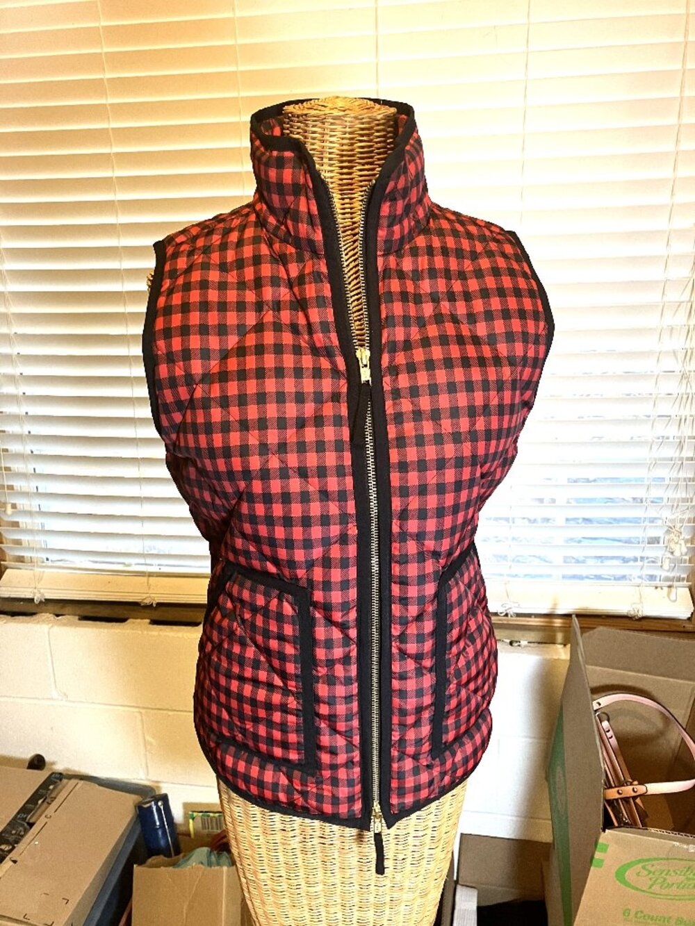 J CREW Quilted Down Puffer Vest in Red Buffalo Plaid.  Size S.  NWOT